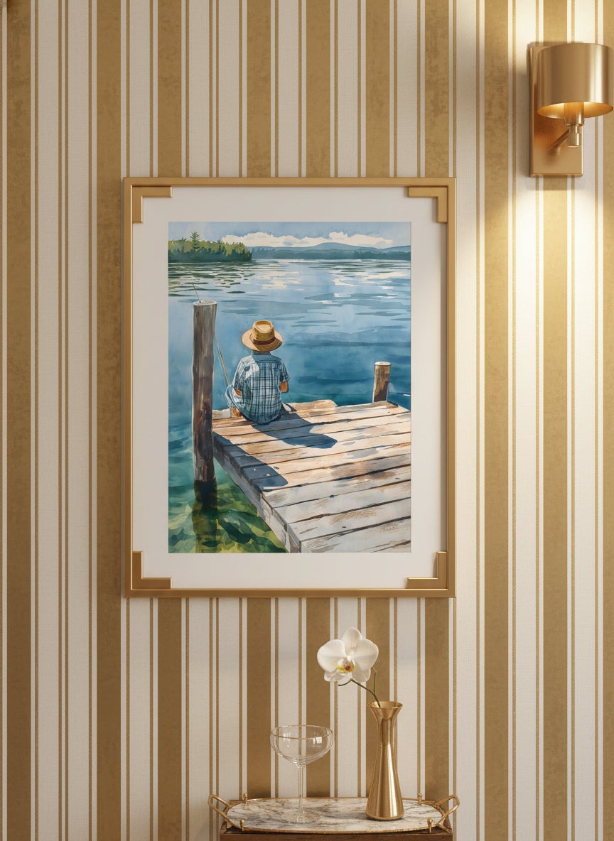 Watercolor Fisherman Lake Dock Art art print shown in a art deco geometric setting