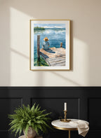 Watercolor Fisherman Lake Dock Art art print shown in a black wainscoting gold setting