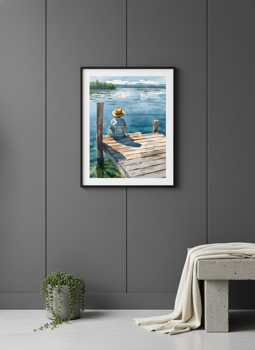 Watercolor Fisherman Lake Dock Art art print shown in a charcoal minimal black setting