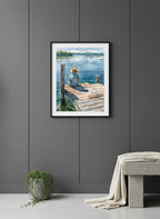 Watercolor Fisherman Lake Dock Art art print shown in a charcoal minimal black setting