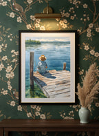 Watercolor Fisherman Lake Dock Art art print shown in a chinoiserie moody setting