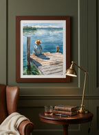 Watercolor Fisherman Lake Dock Art art print shown in a dark olive study setting