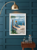 Watercolor Fisherman Lake Dock Art art print shown in a deep teal modern setting