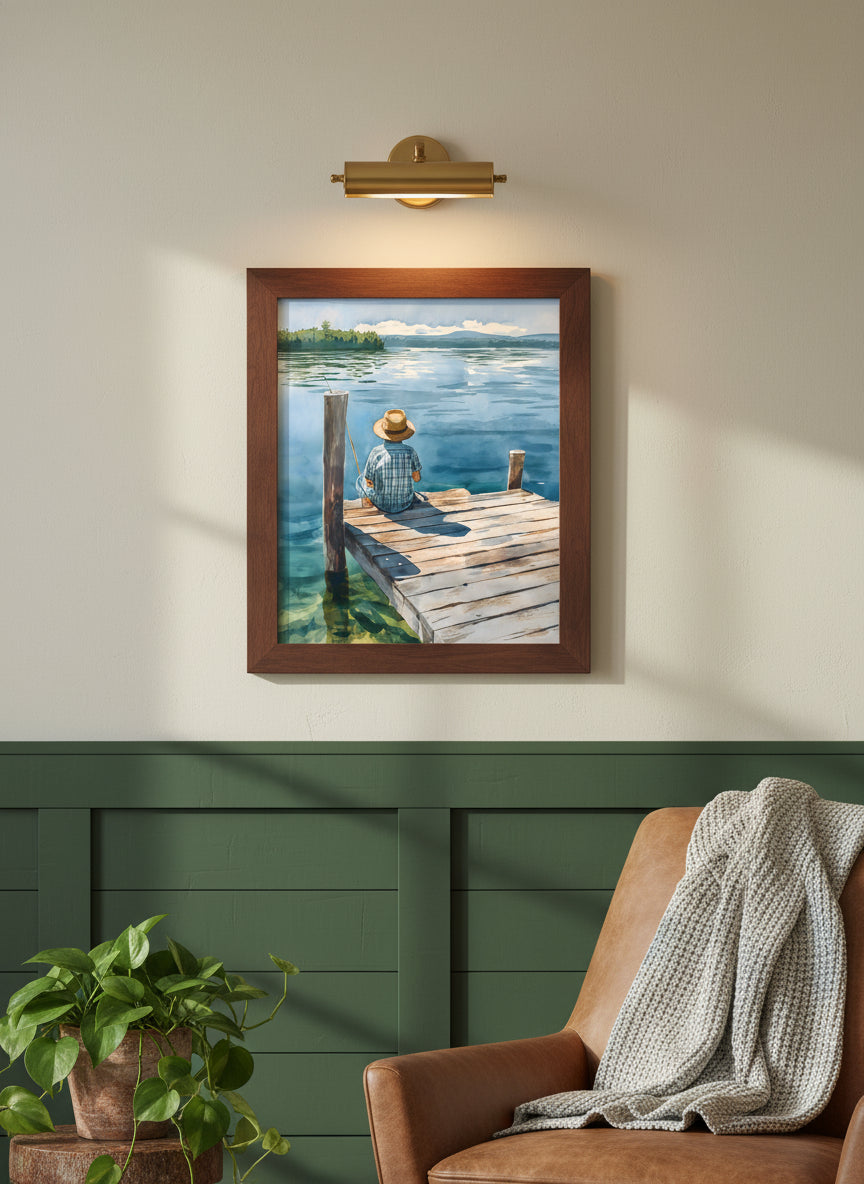 Watercolor Fisherman Lake Dock Art art print