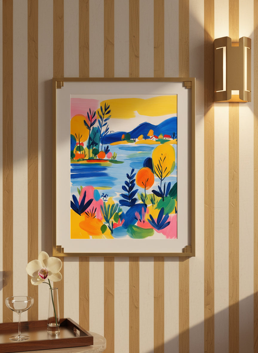 Colorful Folk Art Landscape art print shown in a art deco geometric setting