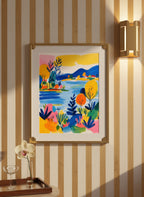 Colorful Folk Art Landscape art print shown in a art deco geometric setting
