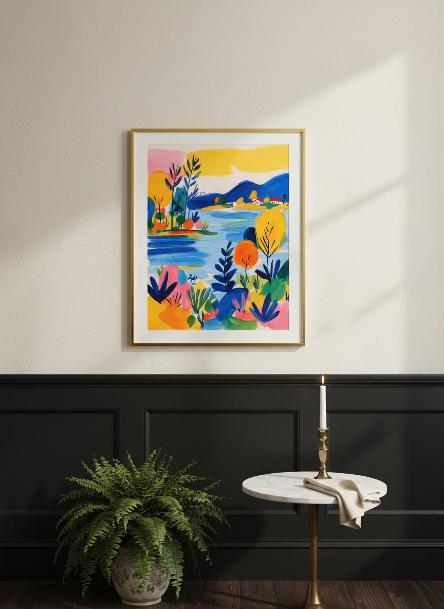 Colorful Folk Art Landscape art print shown in a black wainscoting gold setting
