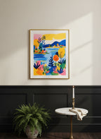 Colorful Folk Art Landscape art print shown in a black wainscoting gold setting
