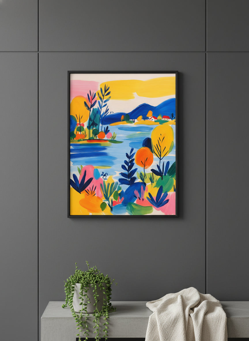 Colorful Folk Art Landscape art print shown in a charcoal minimal black setting
