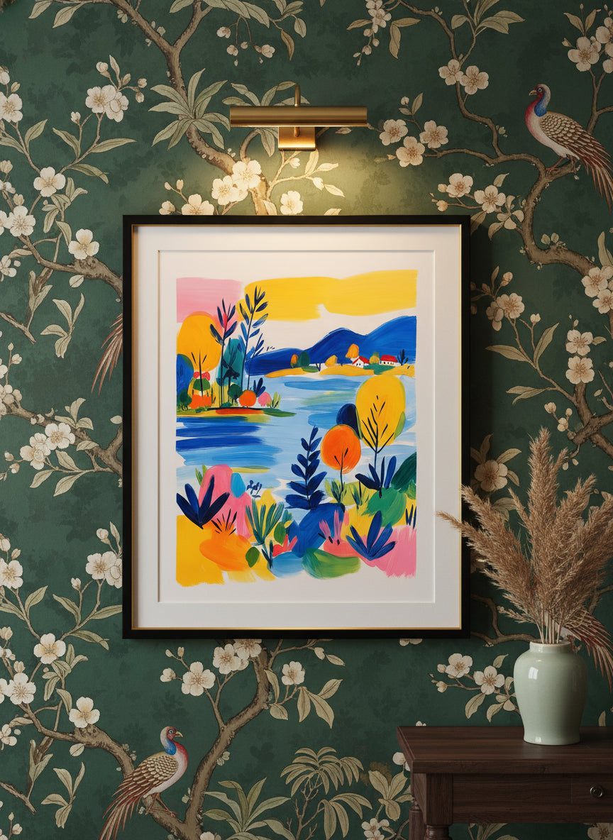 Colorful Folk Art Landscape art print shown in a chinoiserie moody setting