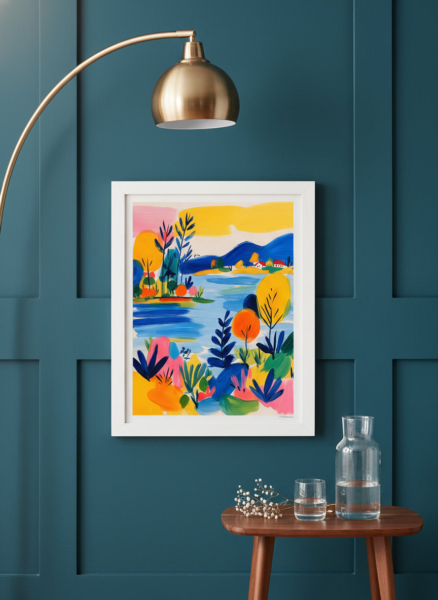 Colorful Folk Art Landscape art print shown in a deep teal modern setting