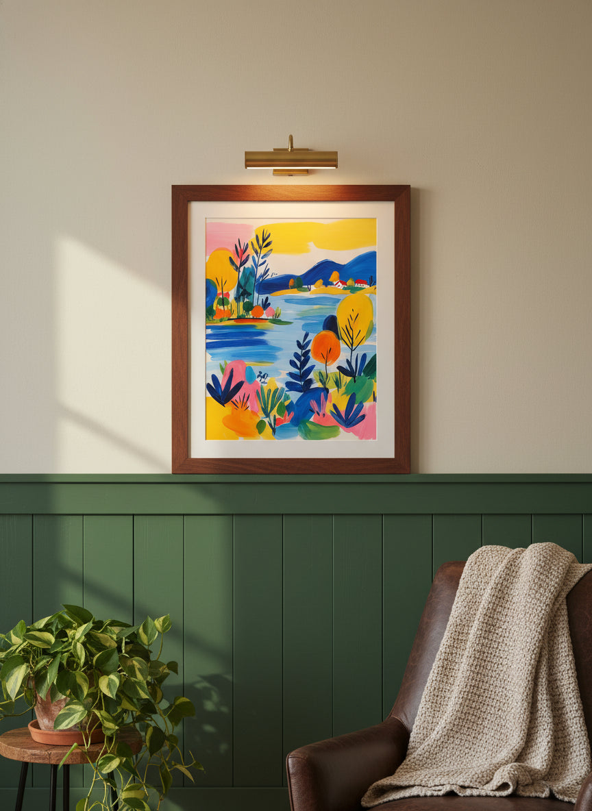 Colorful Folk Art Landscape art print shown in a forest green walnut setting