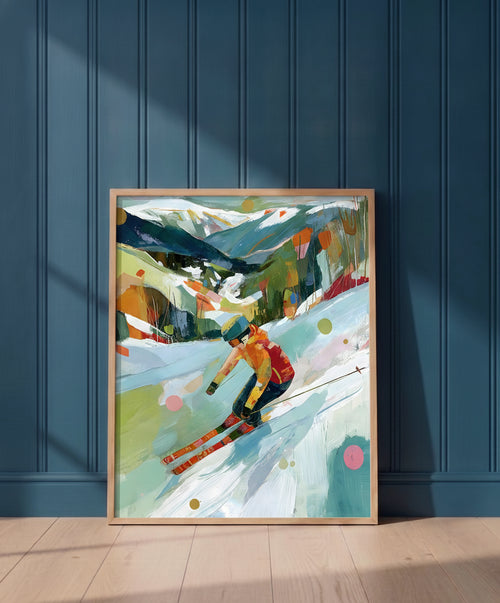 Abstract Colorful Skier Mountain Art art print shown in a blue 1 setting