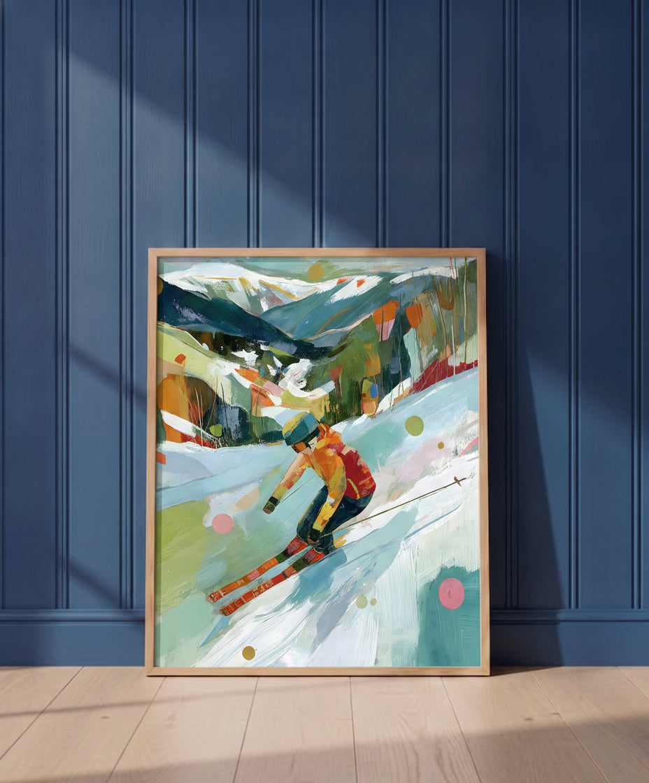 Abstract Colorful Skier Mountain Art art print shown in a blue wall paneled setting