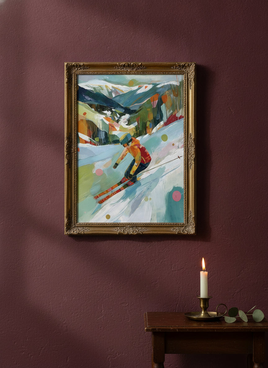 Abstract Colorful Skier Mountain Art art print shown in a burgundy brass setting