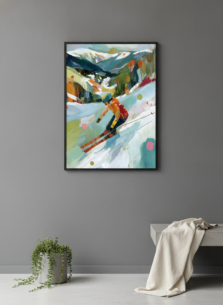 Abstract Colorful Skier Mountain Art art print shown in a charcoal minimal black setting