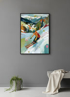 Abstract Colorful Skier Mountain Art art print shown in a charcoal minimal black setting