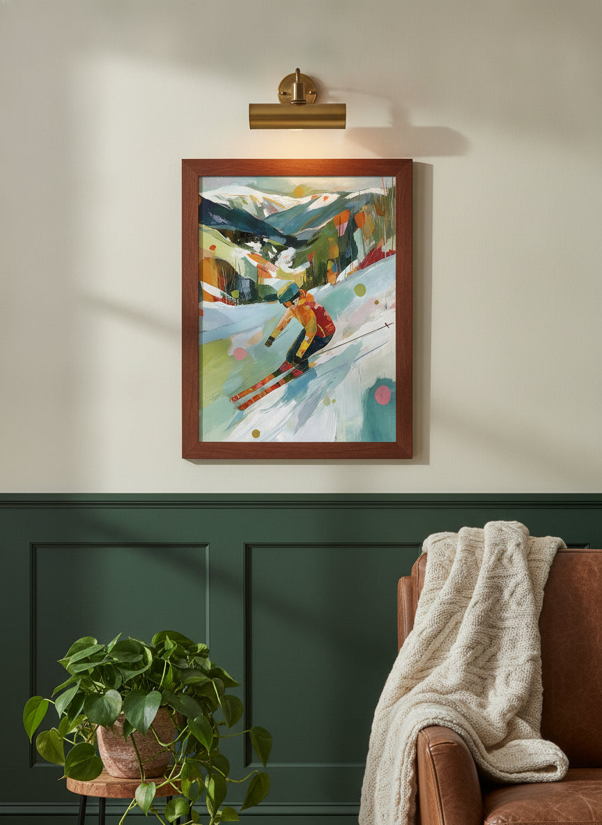 Abstract Colorful Skier Mountain Art art print shown in a forest green walnut setting