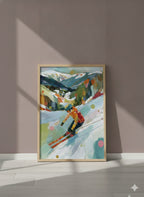 Abstract Colorful Skier Mountain Art art print shown in a purple setting