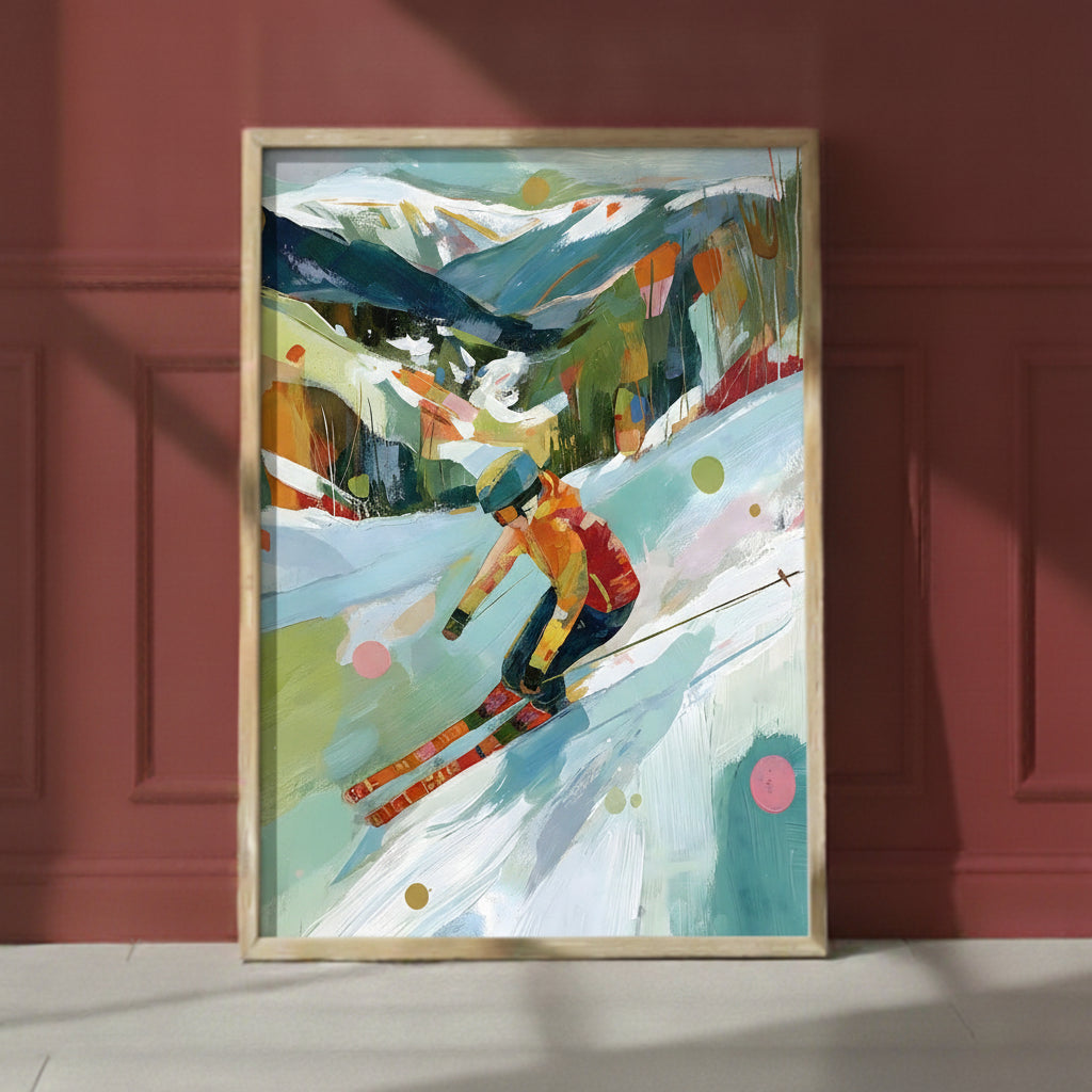 Abstract Colorful Skier Mountain Art art print shown in a red setting