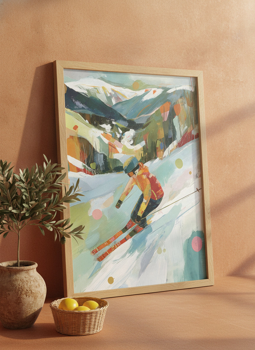 Abstract Colorful Skier Mountain Art art print shown in a terracotta rustic setting