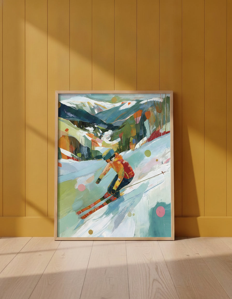 Abstract Colorful Skier Mountain Art art print shown in a yellow wall setting
