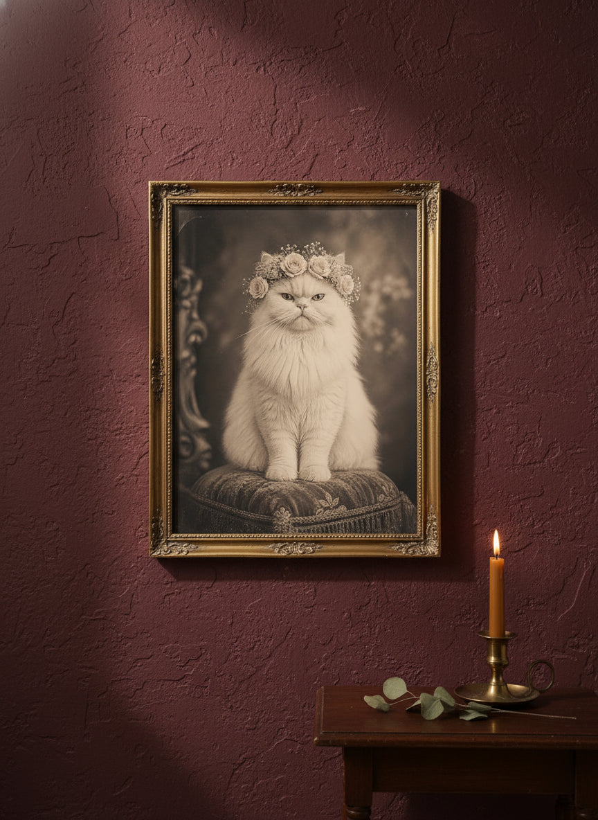 Vintage Persian Cat Floral Portrait art print shown in a burgundy brass setting