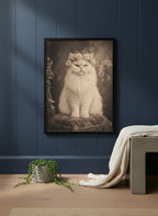 Vintage Persian Cat Floral Portrait art print shown in a charcoal minimal black setting