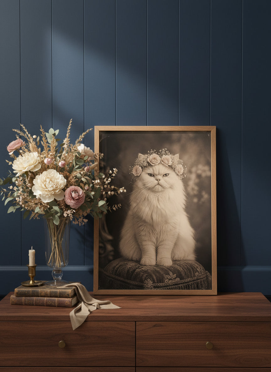 Vintage Persian Cat Floral Portrait art print shown in a dresser dried florals setting