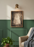 Vintage Persian Cat Floral Portrait art print shown in a forest green walnut setting