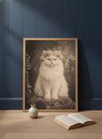 Vintage Persian Cat Floral Portrait art print shown in a navy paneled oak setting