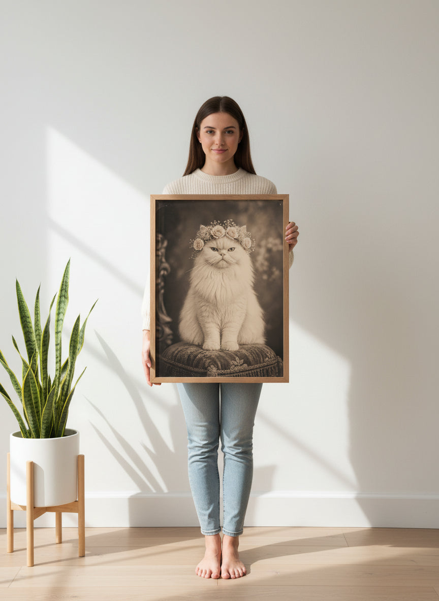 Vintage Persian Cat Floral Portrait art print shown in a person holding bright setting