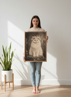 Vintage Persian Cat Floral Portrait art print shown in a person holding bright setting