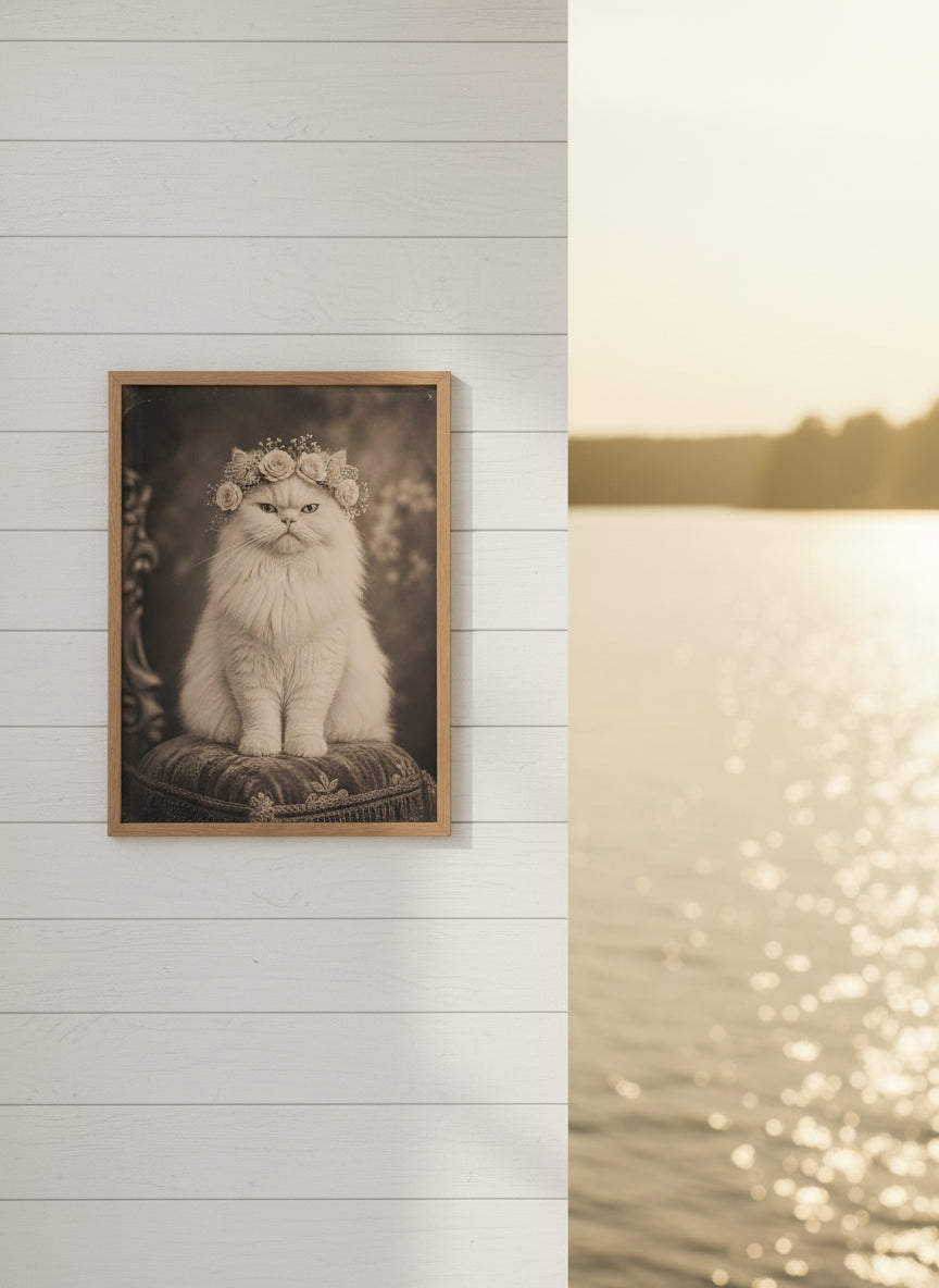 Vintage Persian Cat Floral Portrait art print shown in a shiplap blurred view setting