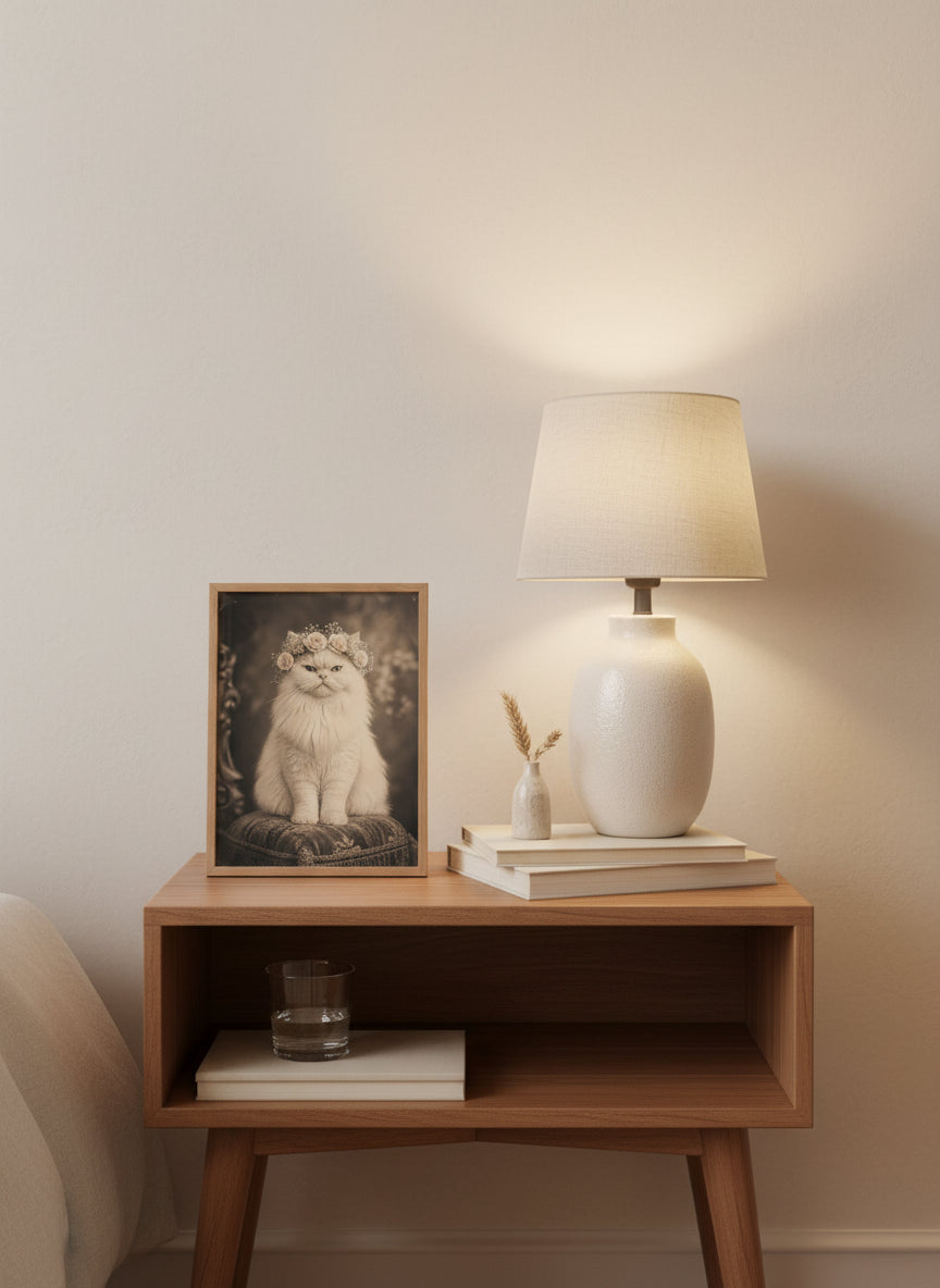 Vintage Persian Cat Floral Portrait art print shown in a small bedside oak setting