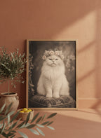 Vintage Persian Cat Floral Portrait art print shown in a terracotta rustic setting