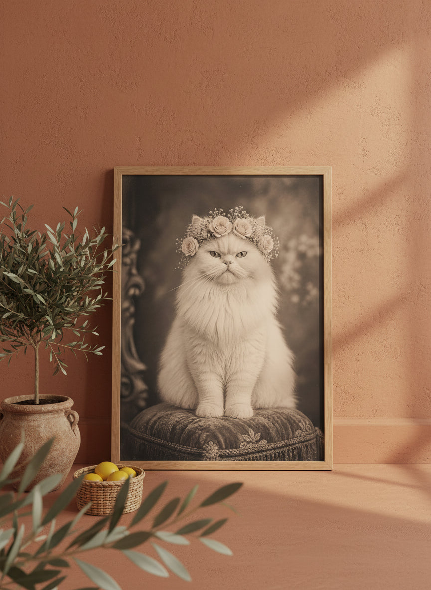 Vintage Persian Cat Floral Portrait art print shown in a terracotta rustic setting
