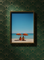 Couple Beach Umbrella Art art print shown in a art deco geometric setting
