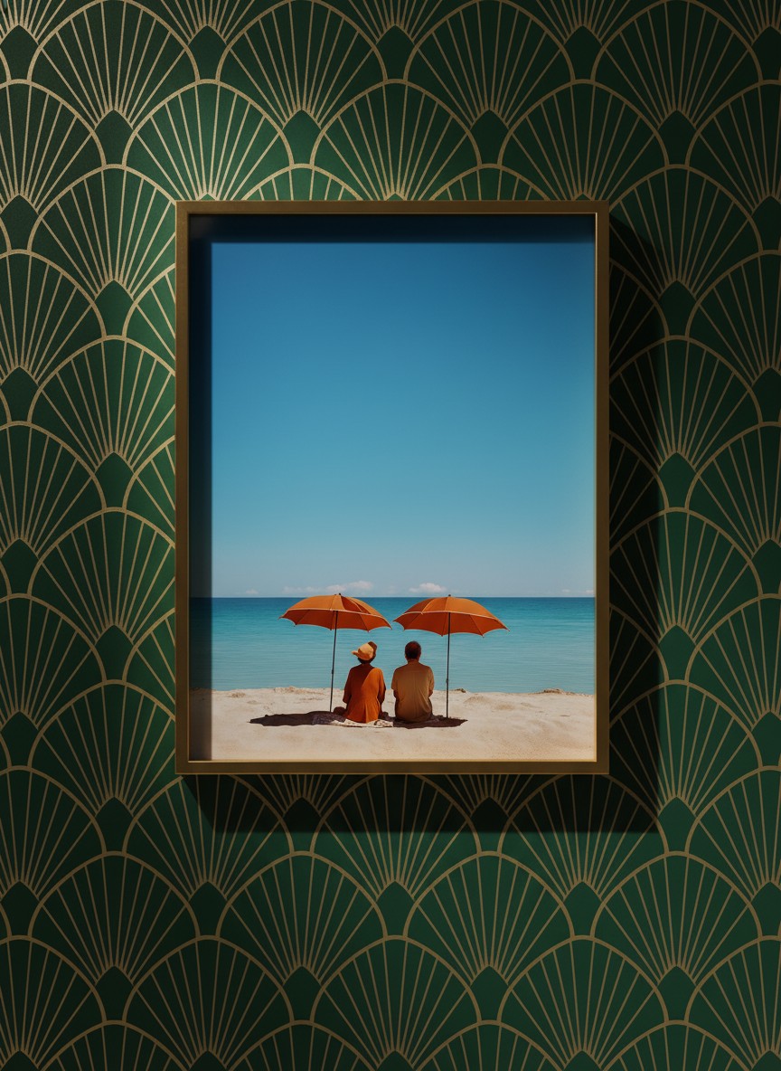 Couple Beach Umbrella Art art print shown in a art deco geometric setting