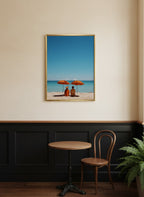 Couple Beach Umbrella Art art print shown in a black wainscoting gold setting