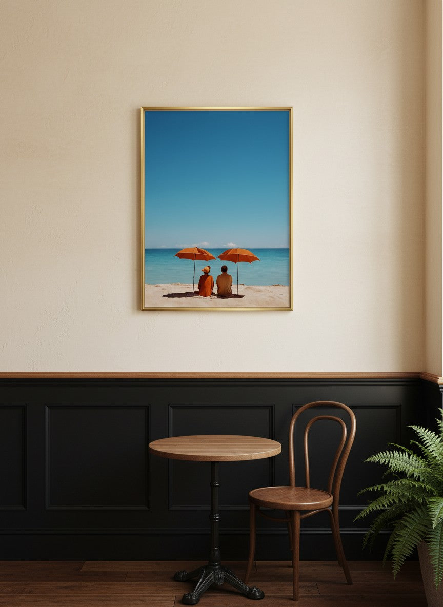 Couple Beach Umbrella Art art print shown in a black wainscoting gold setting
