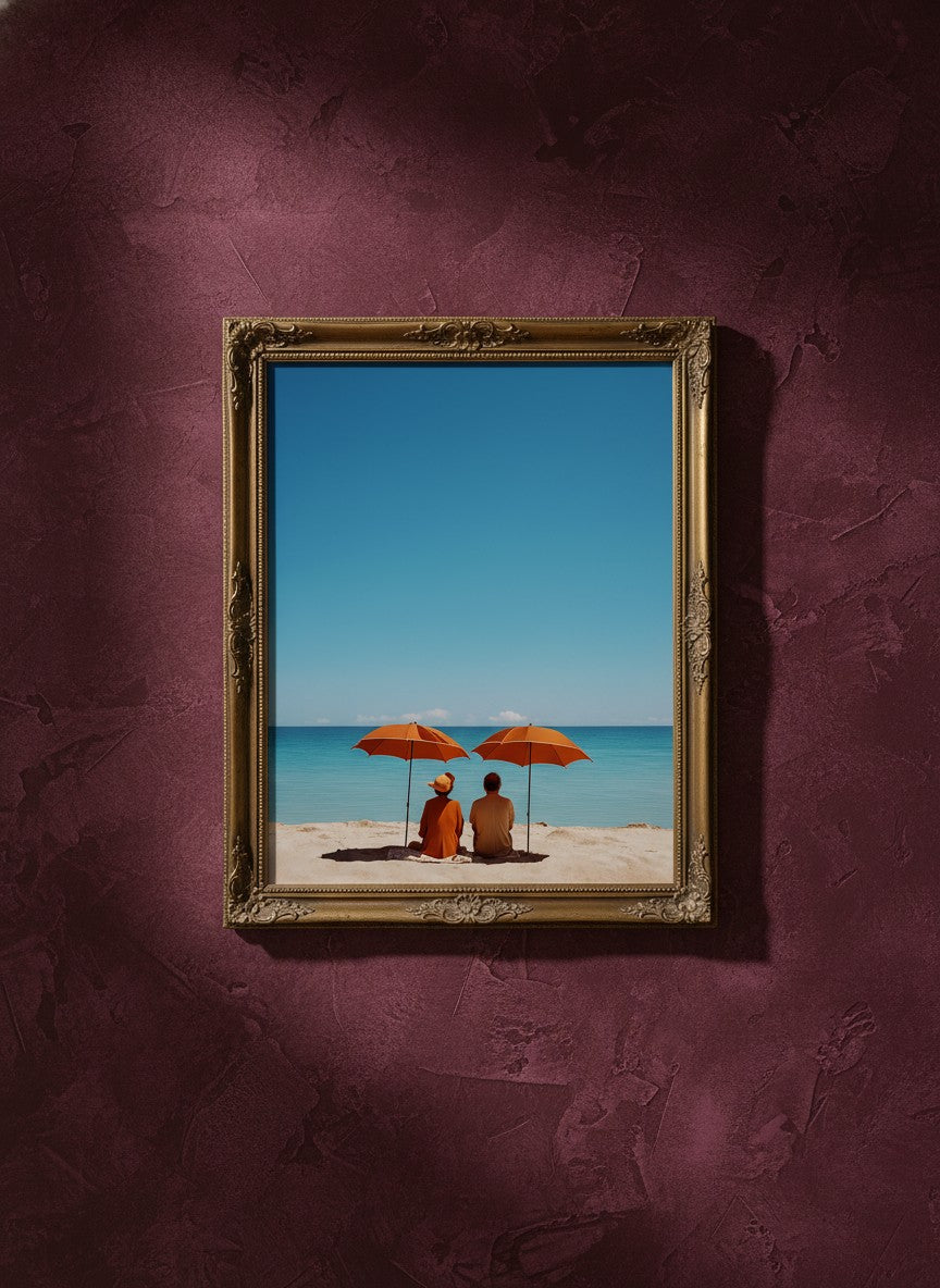 Couple Beach Umbrella Art art print shown in a burgundy brass setting