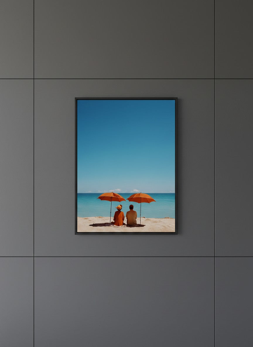 Couple Beach Umbrella Art art print shown in a charcoal minimal black setting