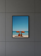 Couple Beach Umbrella Art art print shown in a charcoal minimal black setting
