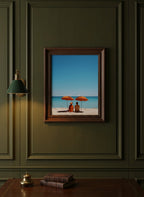 Couple Beach Umbrella Art art print shown in a dark olive study setting
