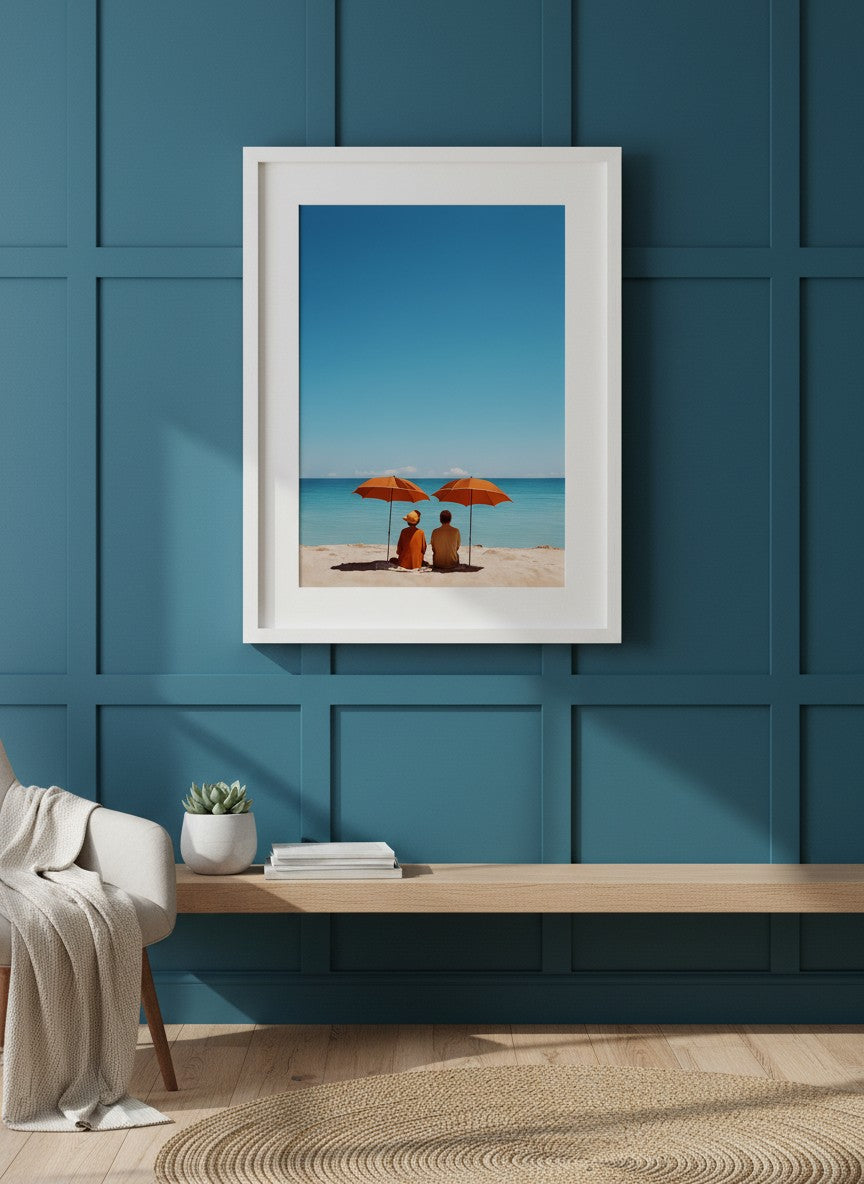 Couple Beach Umbrella Art art print shown in a deep teal modern setting