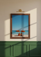 Couple Beach Umbrella Art art print shown in a forest green walnut setting