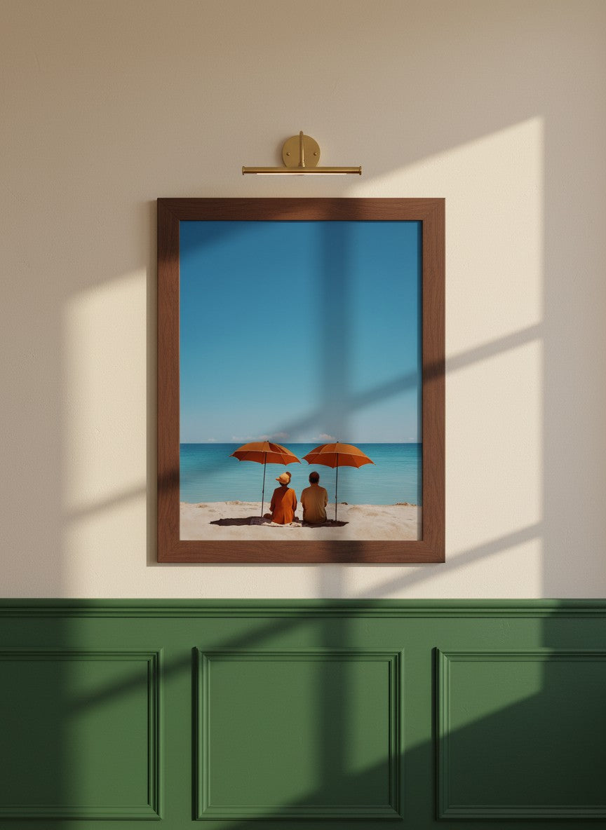 Couple Beach Umbrella Art art print shown in a forest green walnut setting