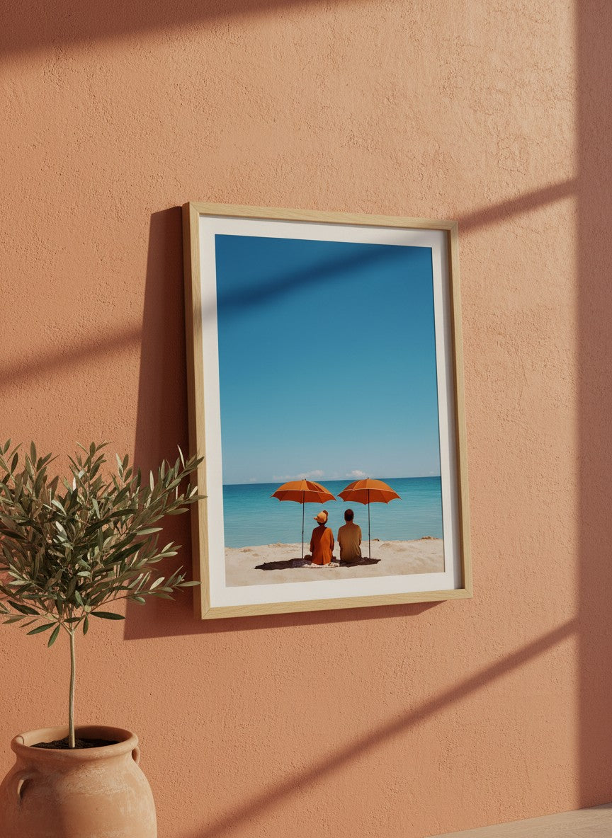 Couple Beach Umbrella Art art print shown in a terracotta rustic setting