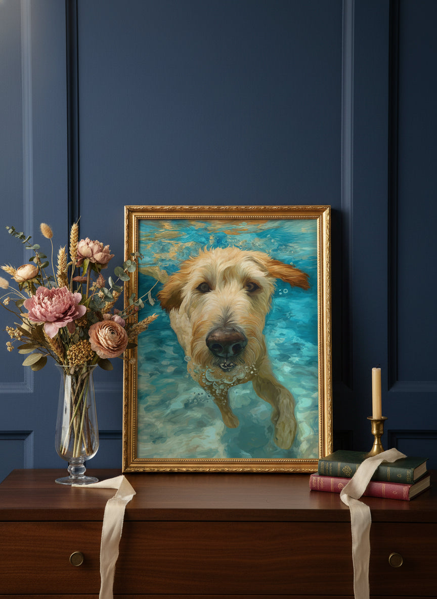 Goldendoodle Swimming Underwater Art art print shown in a dresser dried florals setting